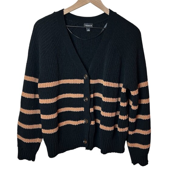 torrid Sweaters - Torrid Chenille Cardigan Black Tan Brown Striped V-Neck Plus Size Sweater 1X